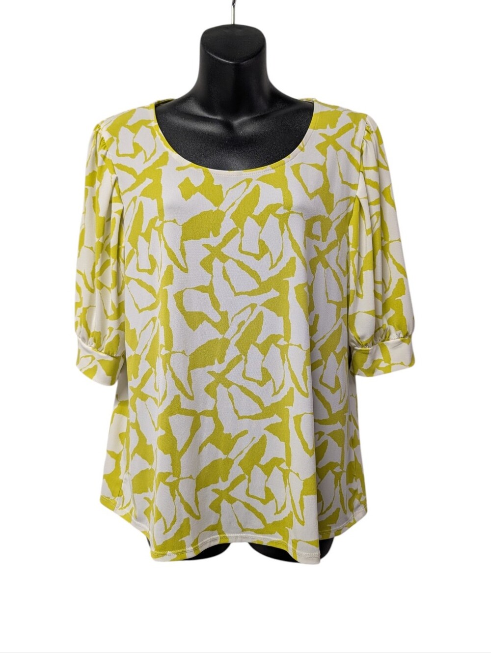 CeCe Lime Green White Abstract Print 3/4 Sleeve Blouse Top Size Large